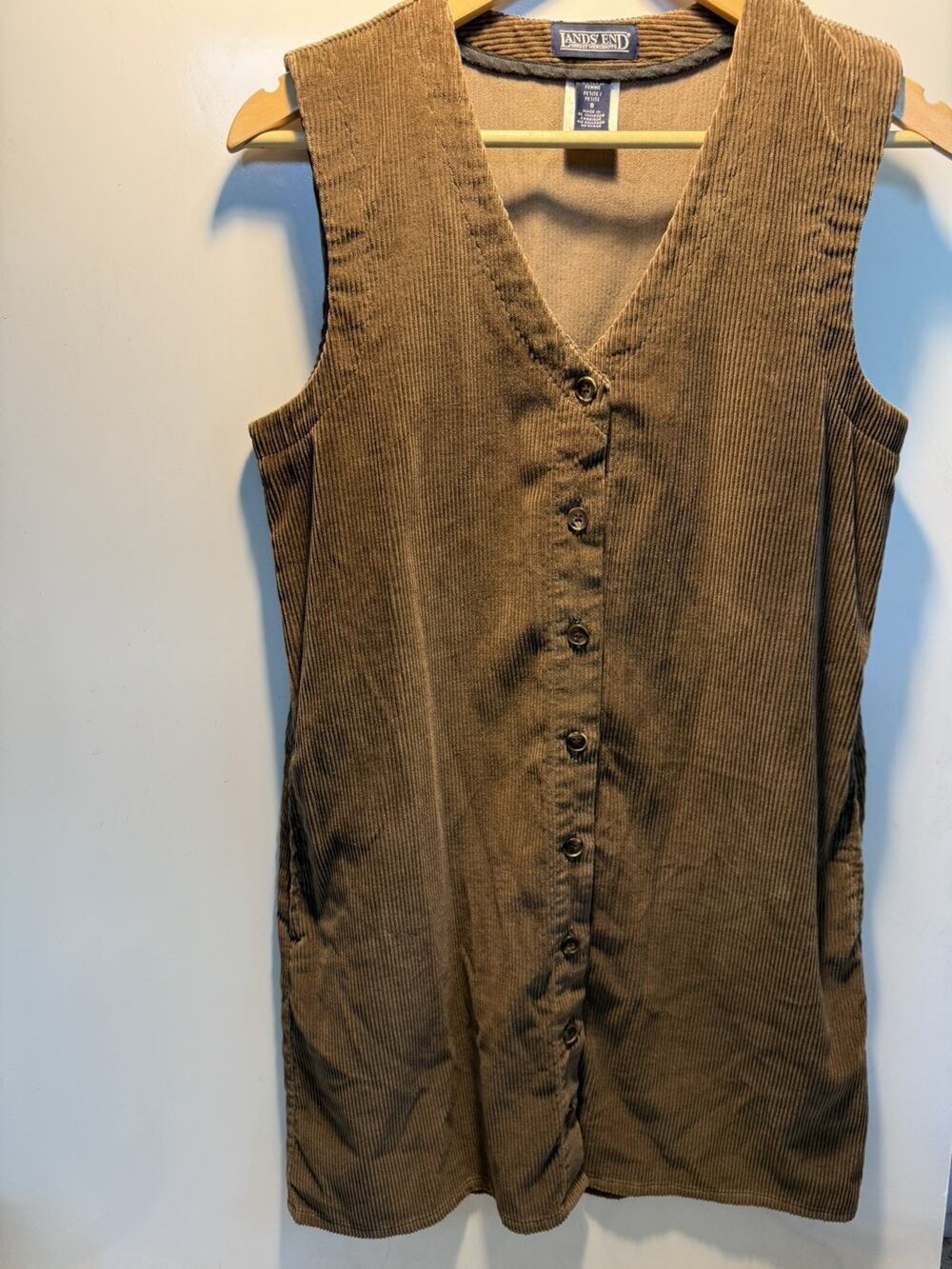 LANDS' END Brown Corduroy Button Front Jumper Dress 8 P Preppy Academia Sheath